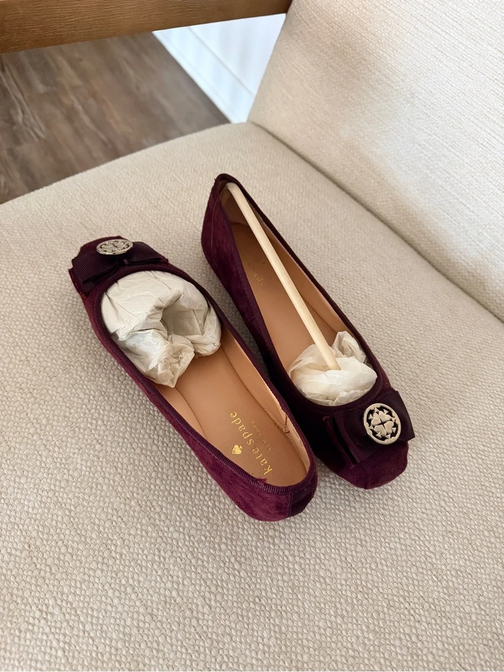 kate spade Wine Suede Ballet Flats with Grosgrain Bow and Logo Medallion